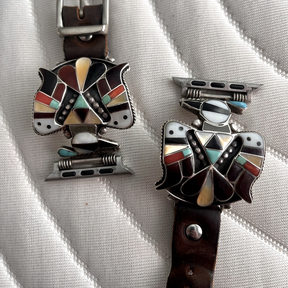 Multicolor Inlay Thunderbird Bracelet Pair — Silver-Tone Tribal Accent